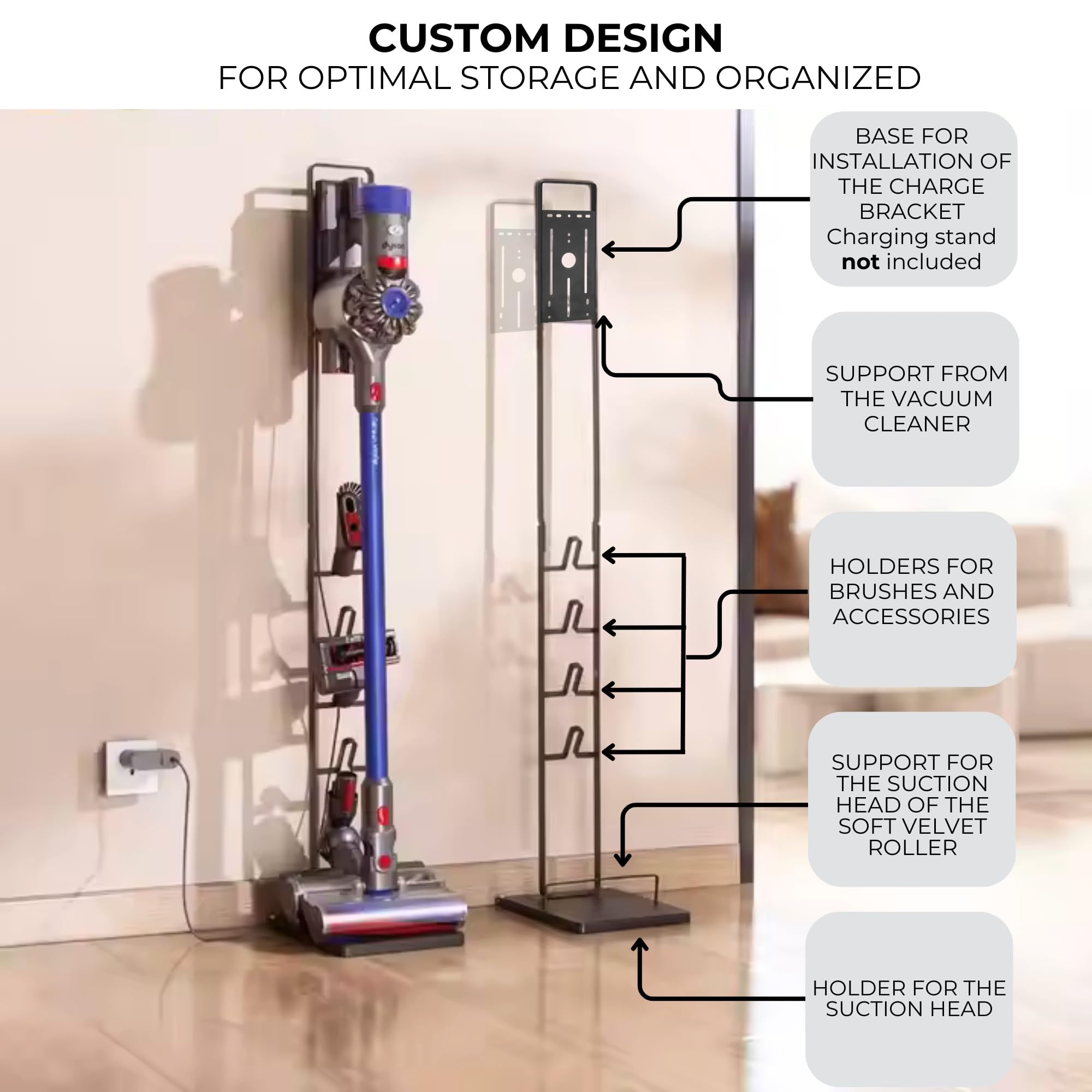 Supporto per Aspirapolvere Compatibile con Dyson V15 V12 V11 V10 V8 V7 V6 - DC45/ DC35/ DC58/ DC59/ DC62/ DC74- Organizzatore da Pavimento con Ruote Senza Forare Il Muro.