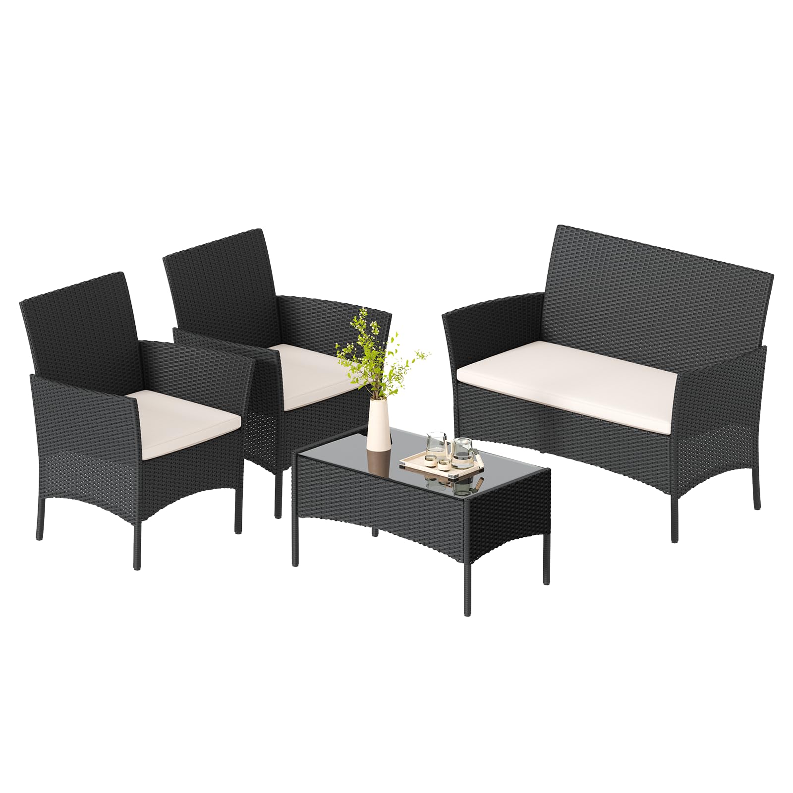 Bigzzia Juego de Muebles de Jardín de Ratán, 4 Piezas, Muebles de Ratán para Patio, Sofá de Tejido de Mimbre Incluye 2 Sillones, 1 Sofá de Doble Asiento y 1 Mesa