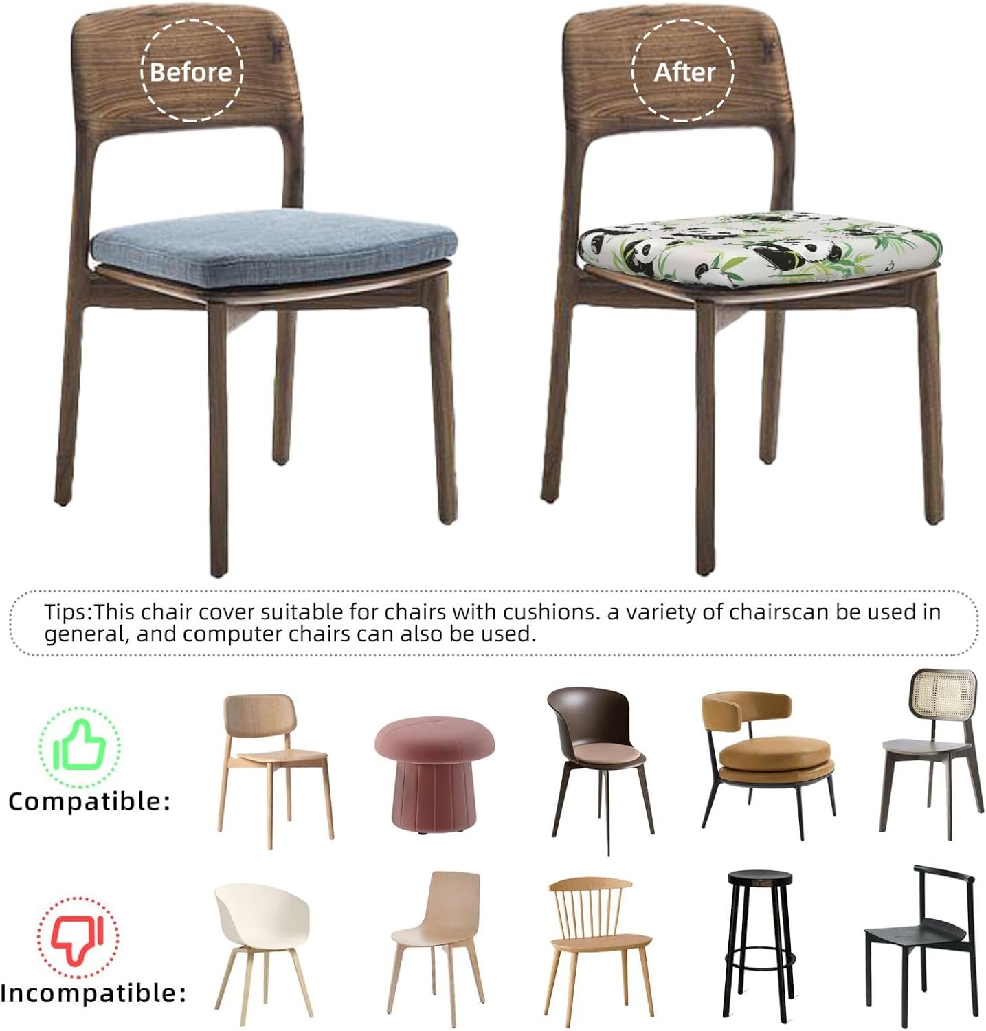 Pandas Print Square Cushion Covers 6 Pcs Set Elastic Non-Slip Seat Cushion Slipcovers Pet Furniture Protectors for Chair, Sofa