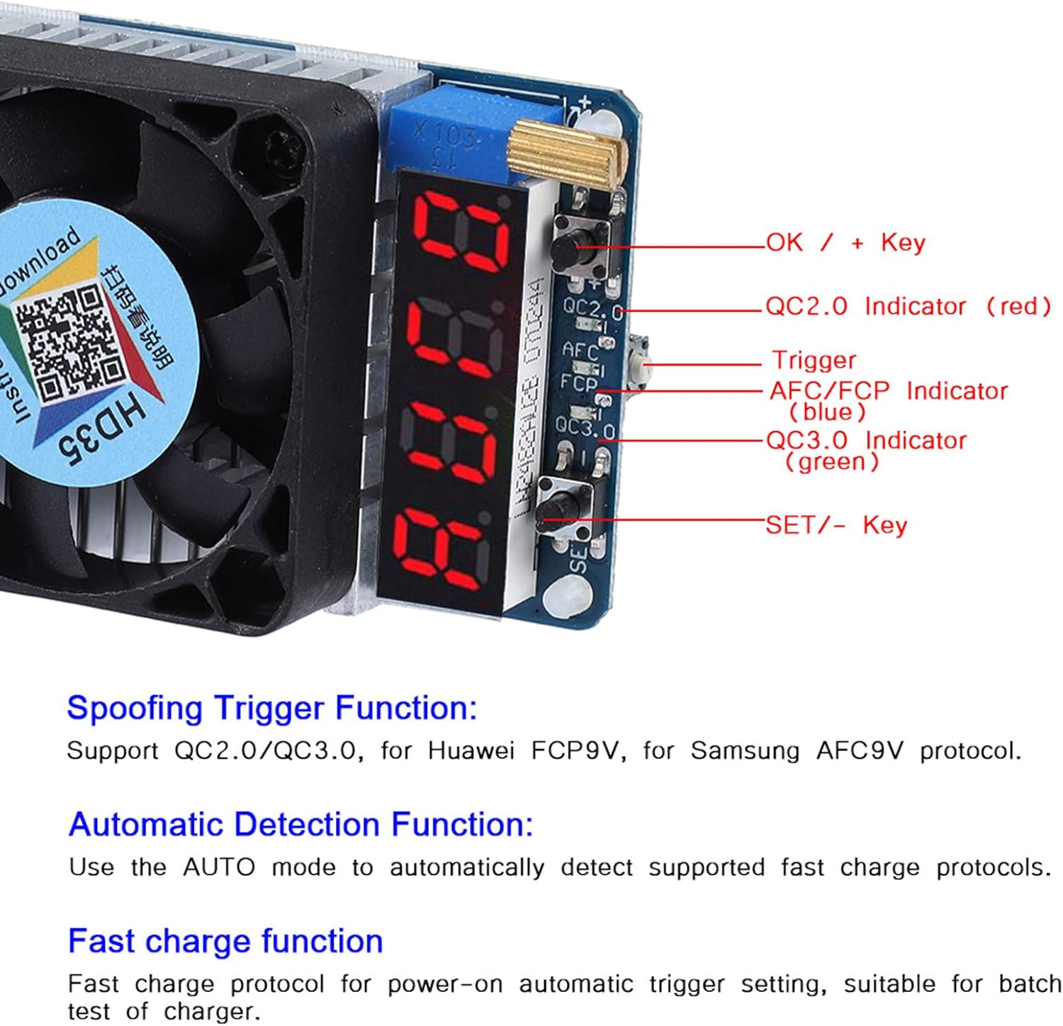 Pilipane USB Electronic Load Resistor Tester HD35 5A 35W Intelligent Spoofing Trigger Fast Charge Protocol 4Digit LED Display Auto Power Off Protection for Battery Testing Electronic