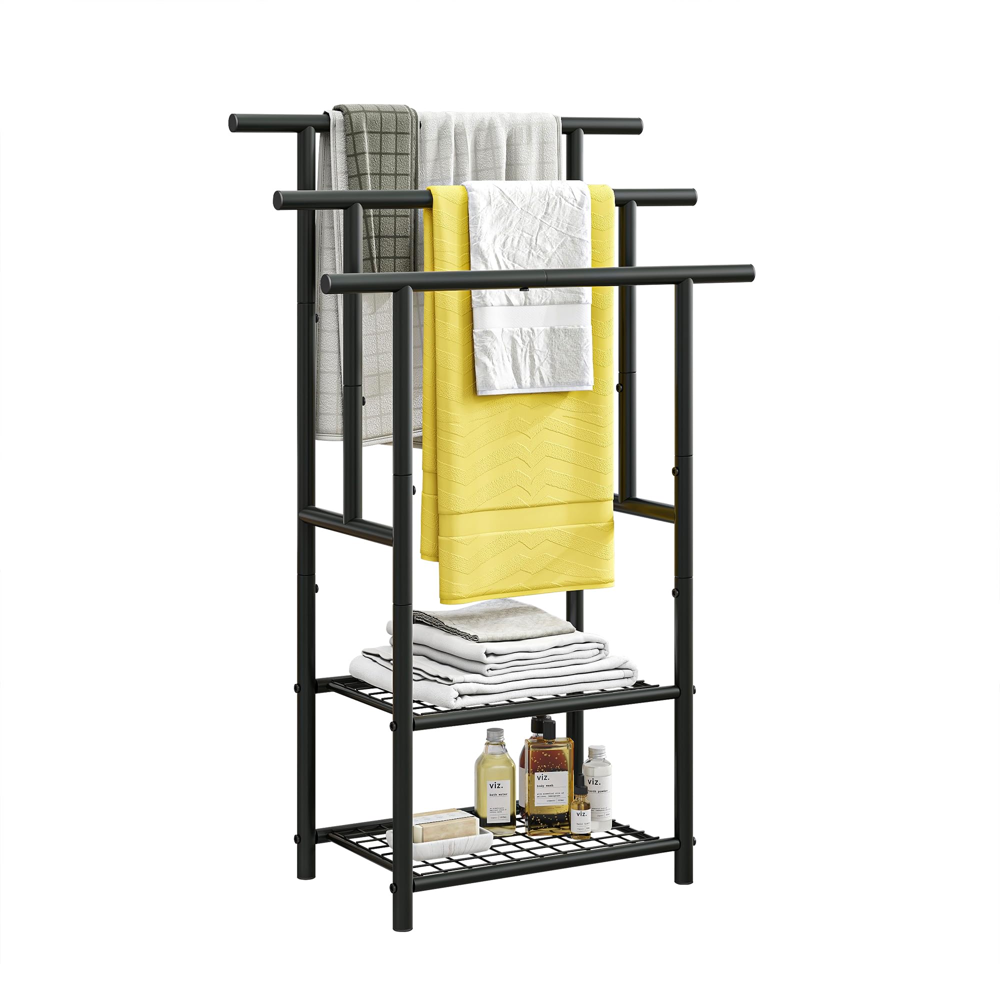 Porte-serviettes debout avec 3 barres porte-serviettes en métal avec 2 étagères, pour serviettes de bain, couvertures, peu encombrant, stable, style industriel, noir