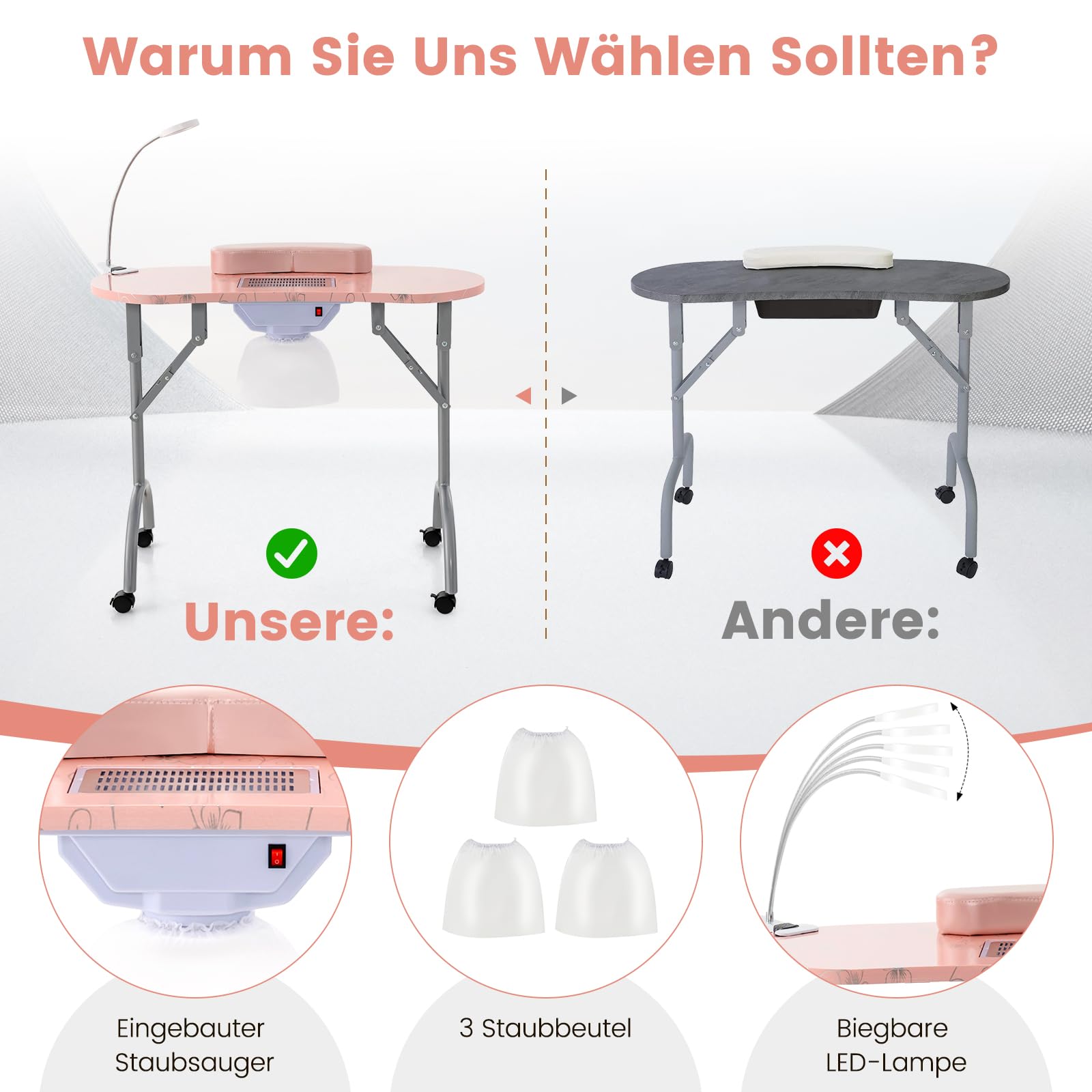 COSTWAY składany stół do manicure z elektrycznym odkurzaczem, lampą LED, podłokietnikiem, torbą do transportu i rolkami, stół do manicure w marmurowym wyglądzie (różowy)