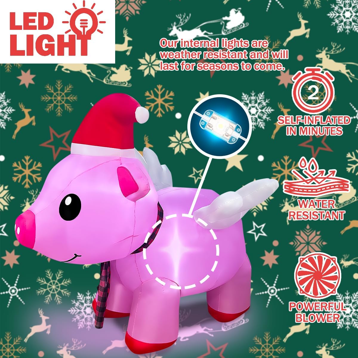 BLOWOUT FUN 4ft Inflatable Christmas Flying Pink Piggy Decoration, LED Lighted Blow Up Decor Indoor Outdoor Holiday Art Decor Decorations - Image 4