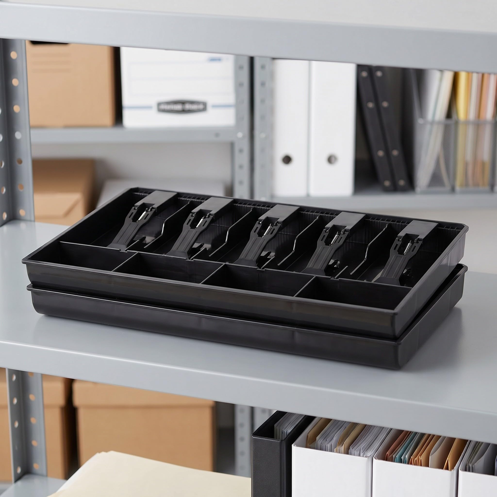 Mikikit 2 Pezzi Vassoio per Cassa in Abs Nero con 5 Scomparti per Banconote e 4 per Monete, Organizzatore Efficiente per Banconi di Cassa e Supermercati