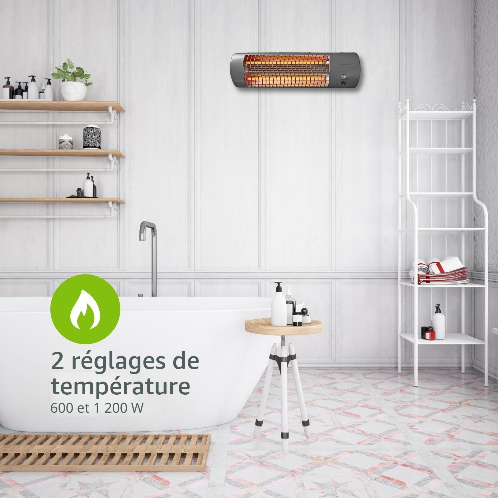 Nedis HTBA10GY Chauffage de salle de bain | 1200 W | Thermostat réglable | 2 modes de chaleur | X4 | Gris