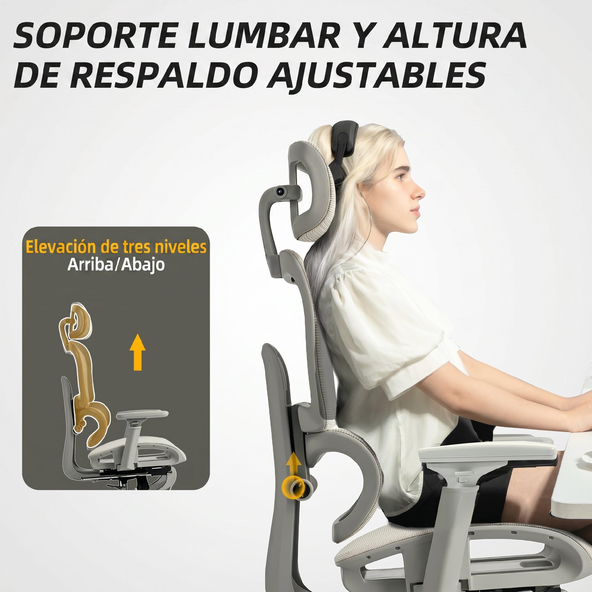 HOMCOM Silla de Oficina Ergonómica de Malla con Reposabrazos 3D Beige | Silla de Escritorio,Reclinable a 135°,Reposacabezas Ajustable,Respaldo Alto,Soporte Lumbar,Reposapiés,Altura Ajustable