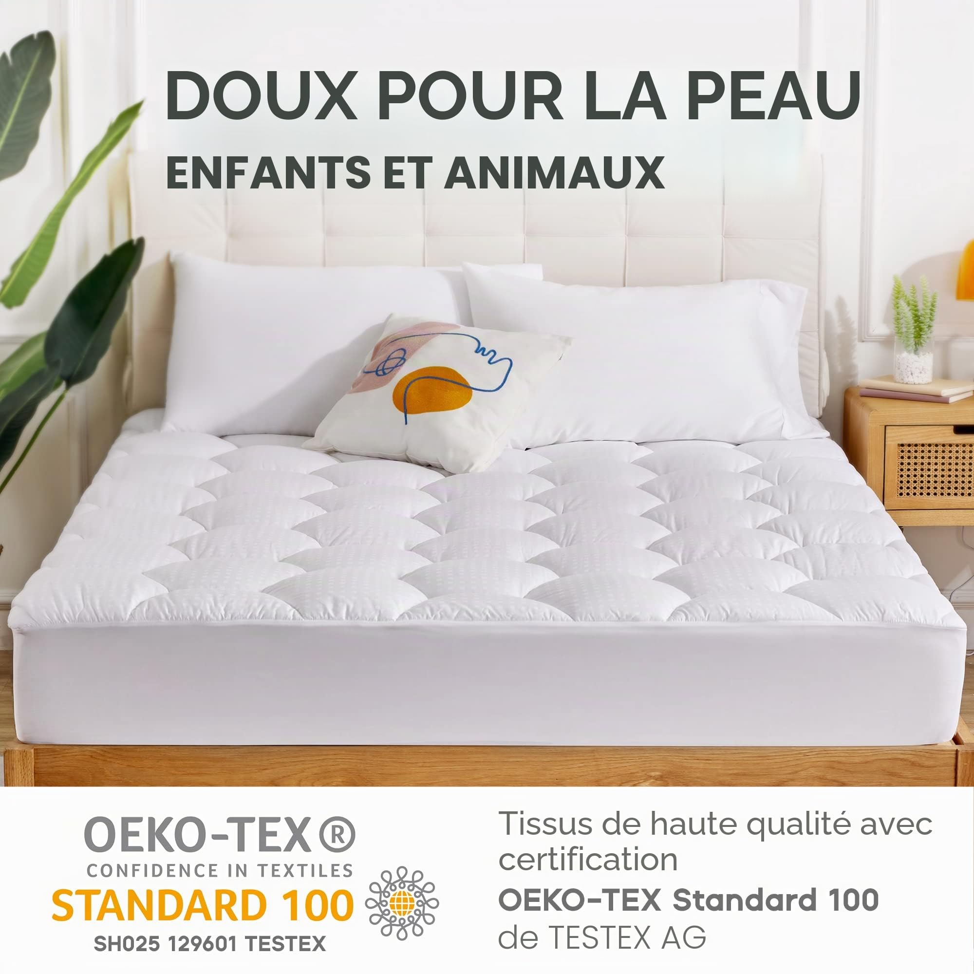 Sonive Surmatelas 160 x 200 cm en coton respirant, poche de 38 cm de profondeur, lavable, blanc