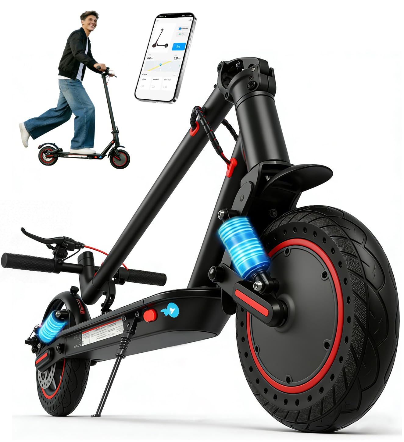 Monopattino Elettrico Adulti, Autonomia 30 km, Pneumatici Antitraforo solidi da 10", Doppie Sospensioni, Doppi Freni a Disco, 3 Velocità, App, Carico Massimo 120 kg, Piehevole per Città