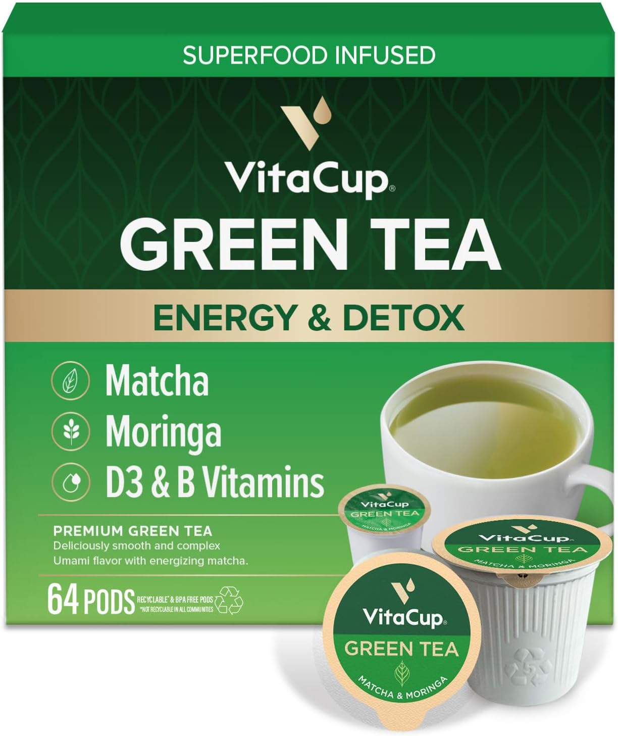 VitaCup Green Tea 64ct. Tea Cups with Matcha & Moringa Infused With Essential Vitamins B12, B9, B6, B5, B1, D3, Pods Compatible with K-Cup Brewers including Keurig 2.0