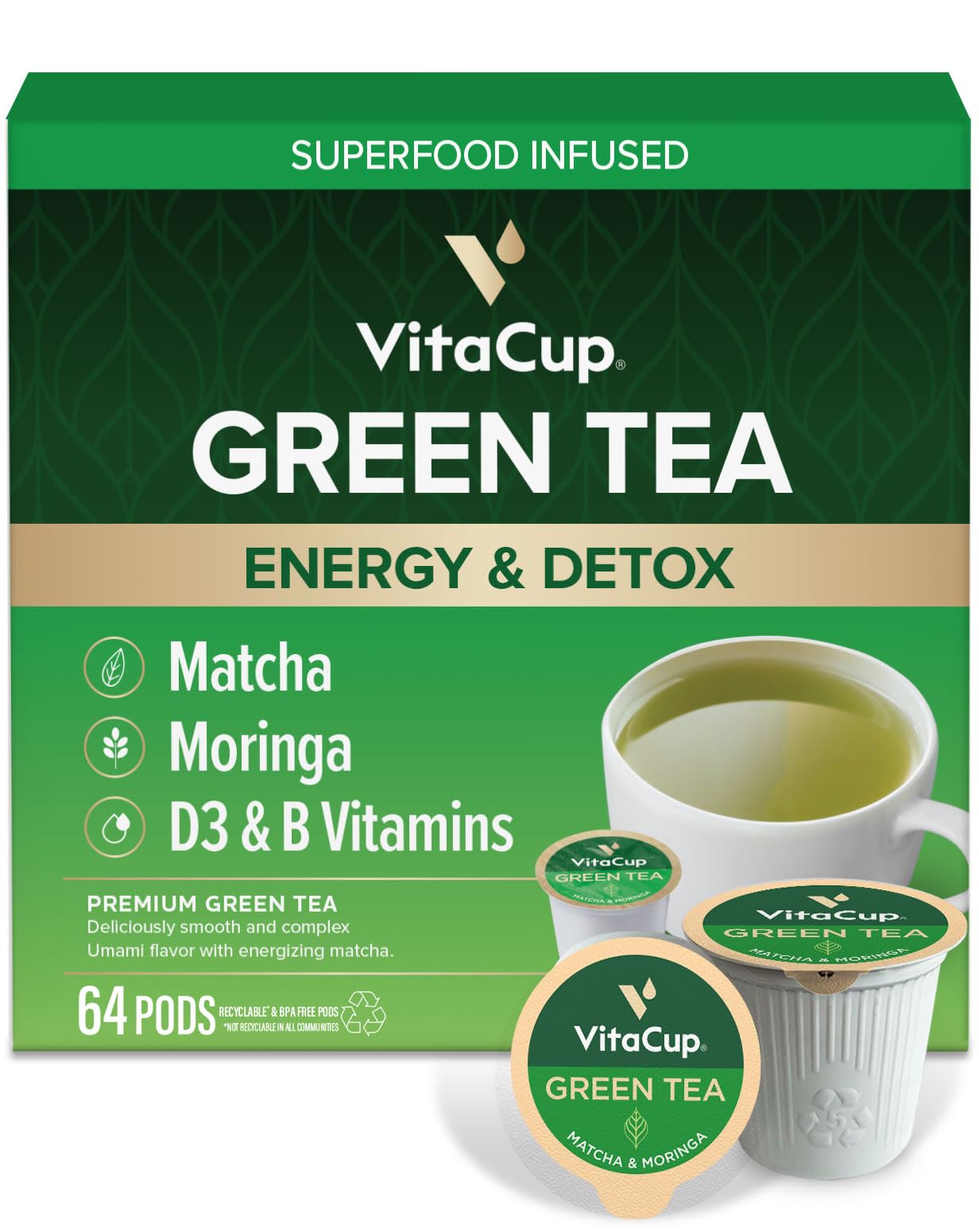 VitaCup Green Tea 64ct. Tea Cups with Matcha & Moringa Infused With Essential Vitamins B12, B9, B6, B5, B1, D3, Pods Compatible with K-Cup Brewers including Keurig 2.0