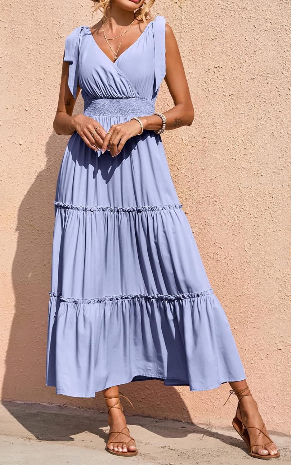 PRETTYGARDEN Women's Cross Neck Spring Sleeveless Tiered Maxi Dress Beach Tie Strap Smocked Long Dresses Pleated Sundress - Image 5