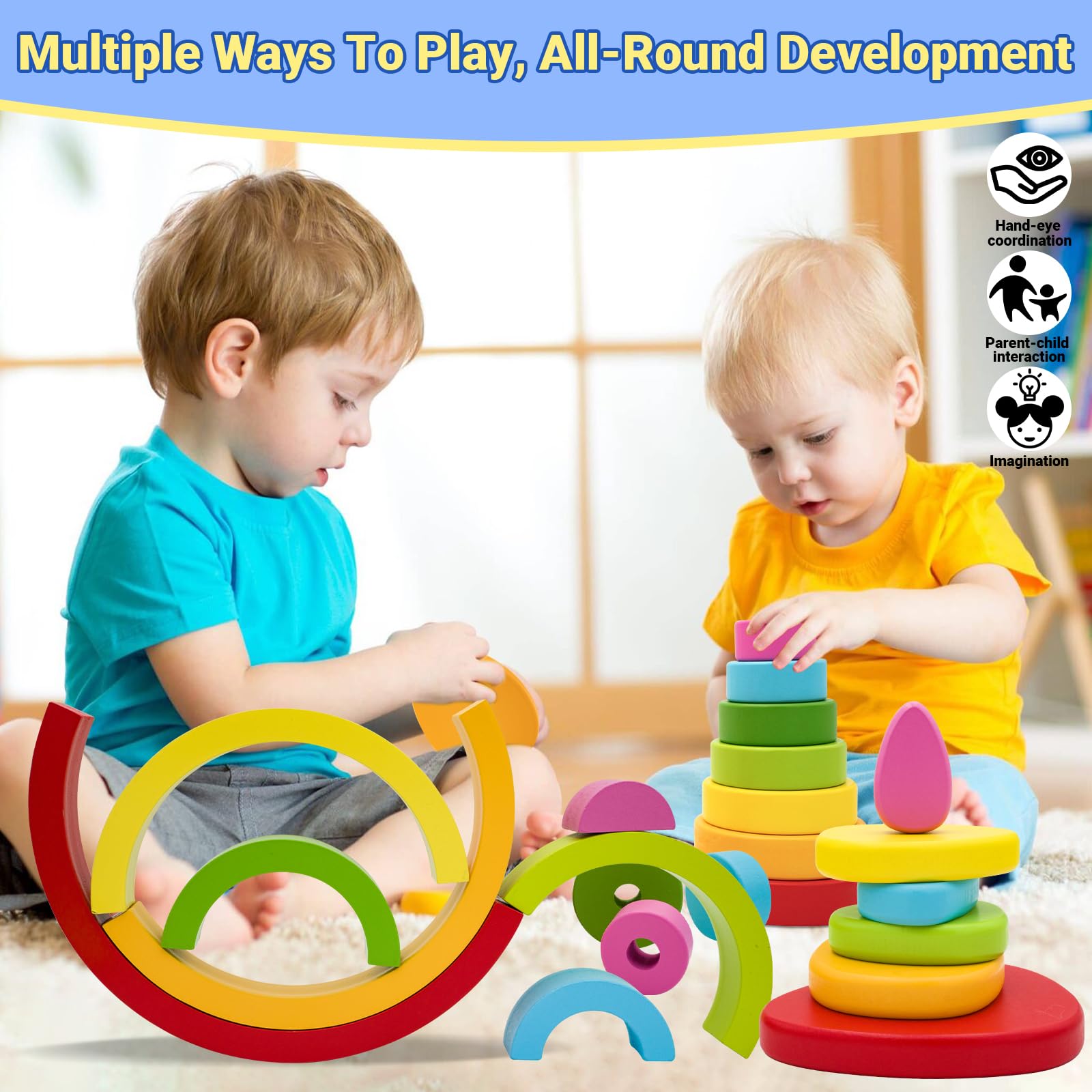RunHero Giocattolo Impilabile 3 In 1 In Legno - Blocchi Arcobaleno Stile Montessori Per Bambini Da 1 A 5 Anni, Mattoncini Colorati Per Coordinazione E Immaginazione