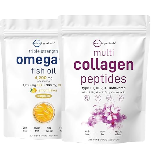 Micro Ingredients Multi Collagen Protein Powder 2 Pounds & Omega-3 Fish Oil 4,200 mg Softgels Bundle 2 Pack | Grass-Fed Collagen Peptides | Wild-Caught Fish, Lemon Flavored, Burpless