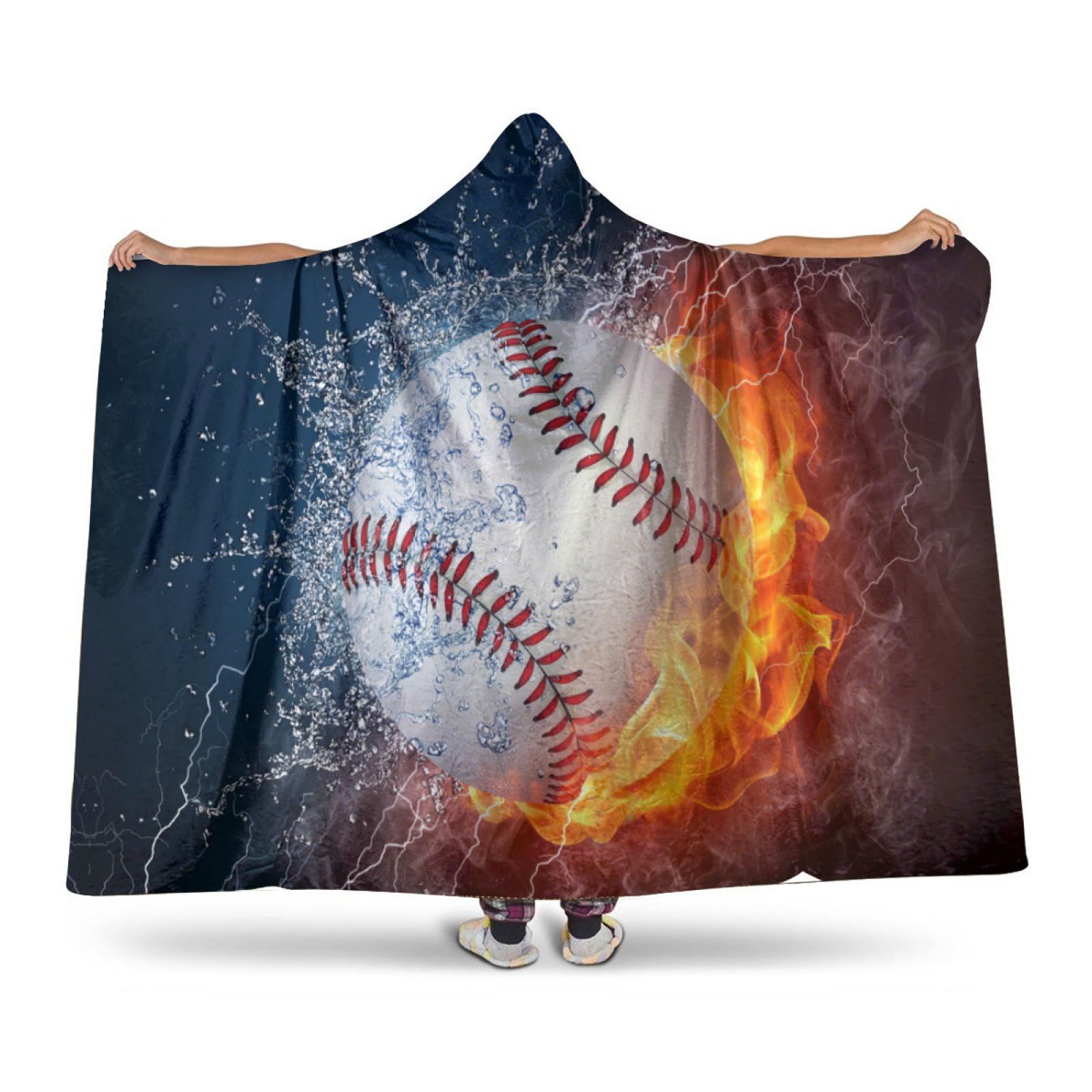 Baseball in Fire and Water Hoodie Blanket Wearable Throw Blankets for Couch Blanket Hooded for Kids Teens Men Women