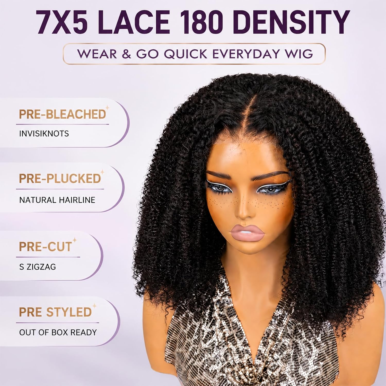 Wavymy Afro Curly Wear and Go Glueless Wigs Human Hair Pre Cut 7x5 HD Lace 180 Density Lace Front Wig Pre Bleached & Plucked Curly Afro Wig Ready to Wear Virgin Human Hair Wigs for Women, 16 Inch