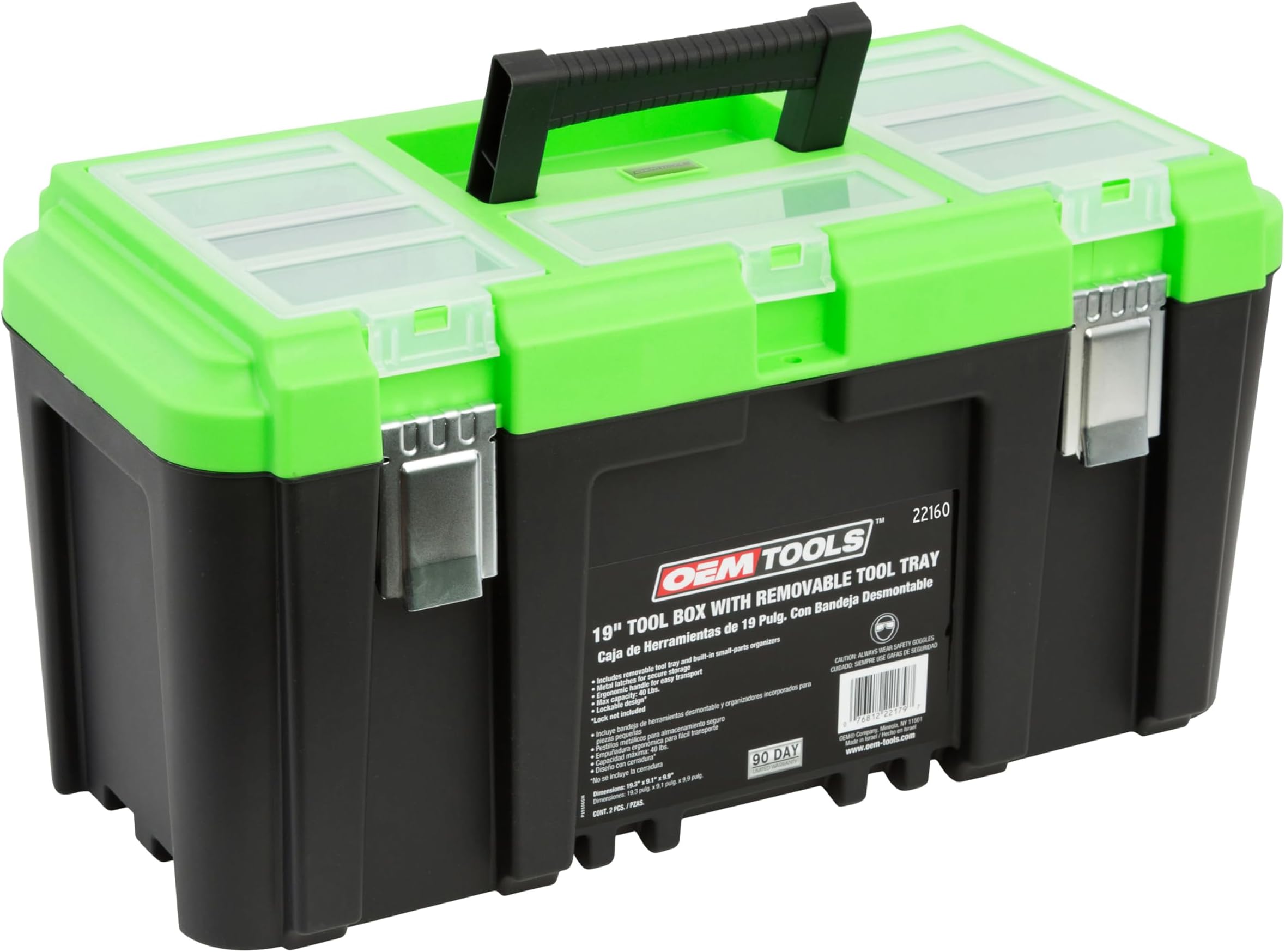 OEMTOOLS 22160 19" Toolbox with Removable Tray, Large Plastic Tool Box With Handle, Multiple Compartment Storage Case With Security Slot for Padlocks, 40 Lbs Maximum Weight