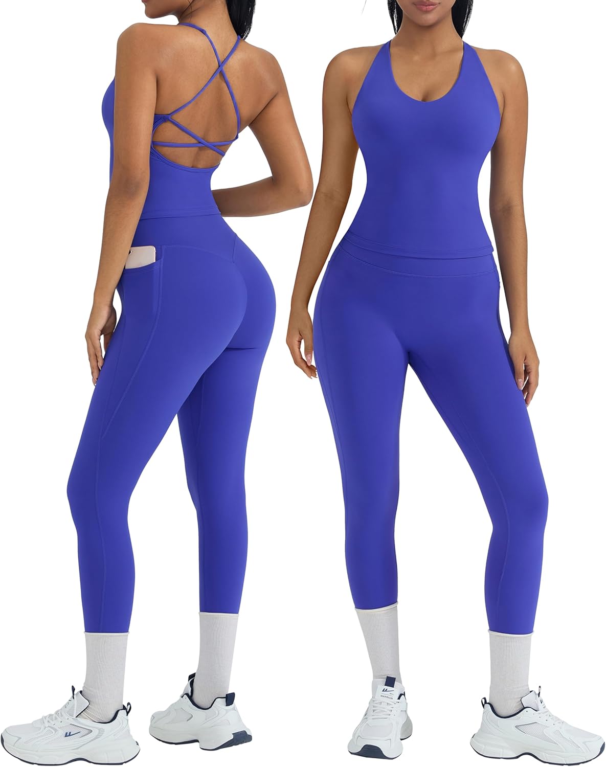 OMKAGI 2 Piece Workout Sets for Women Padded Workout Tops Booty Leggings with Pockets Gym Sets