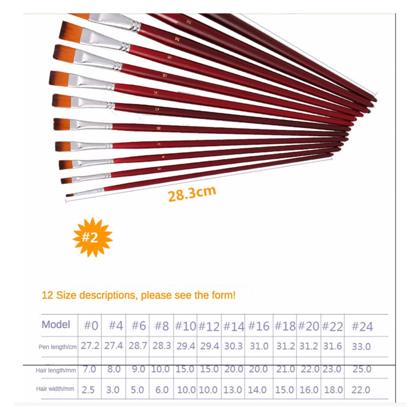 Stylo à huile en nylon deux tons plat 12 ensembles de pinceaux art aquarelle peinture pinceau de peinture (couleur : A, taille
