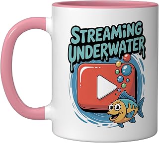 Streaming Underwater Gamer Fish with Headphones Ceramic Mug, Pink/White, 11oz