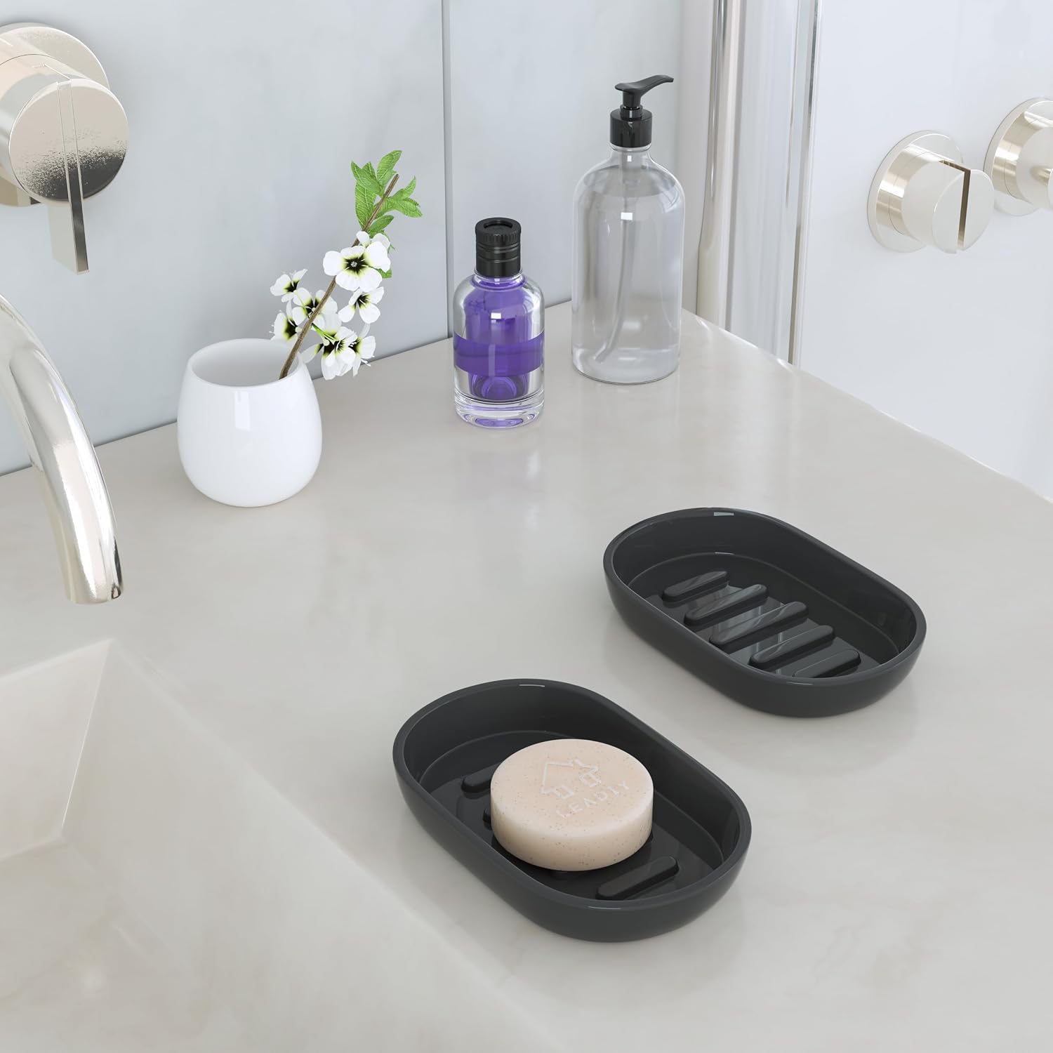 2Pcs/Set Bathroom Soap Dishes, Not Plastic！White Soap Dishes for Bar Soap, Bamboo Soap Dishes Holder for Bathroom Shower, Bathroom Sink Soap Dish (Black) image 5