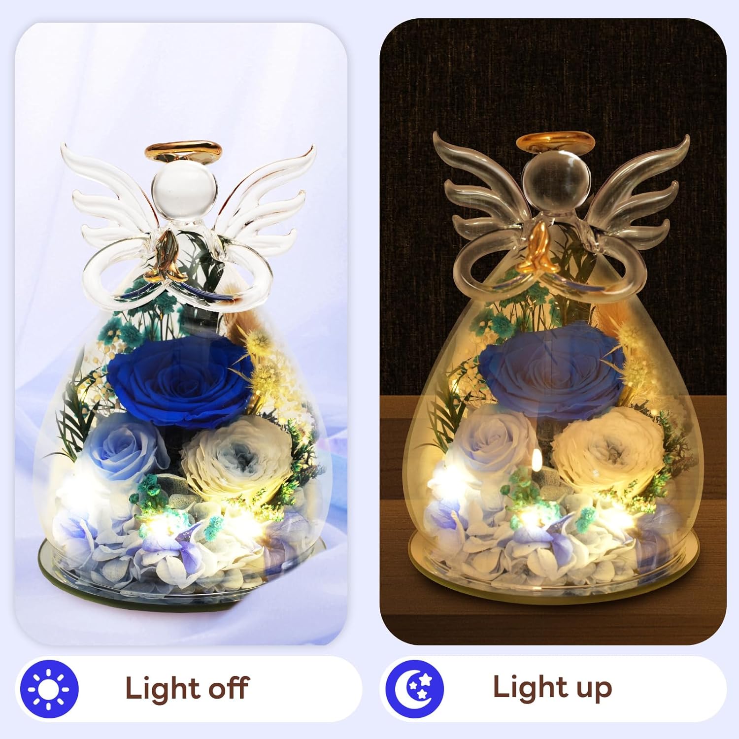 Christmas Preserved Rose Angel Figurine – Glass Angel with LED Lights, Eternal Rose in Glass Dome, Gift for Women, Mother’s Day, Birthdays, Anniversaries - Image 4