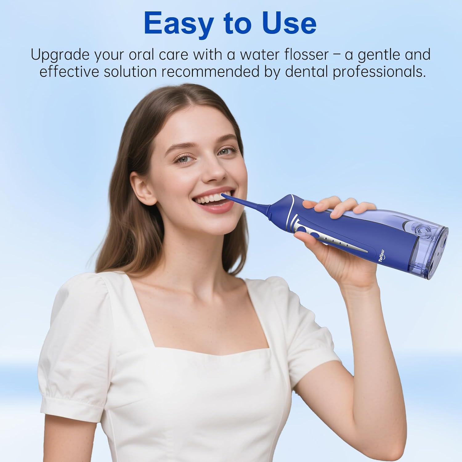 A person demonstrating the correct way to use the ToFlow water flosser.