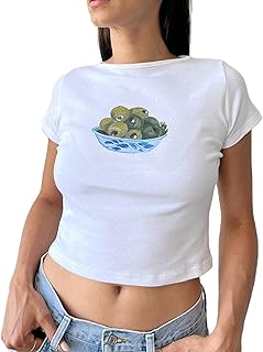 Betrodi Women\'s Short Sleeve Baby Tee Y2k Cute Graphic Print Crop Top Slim Fit T-Shirt Olive