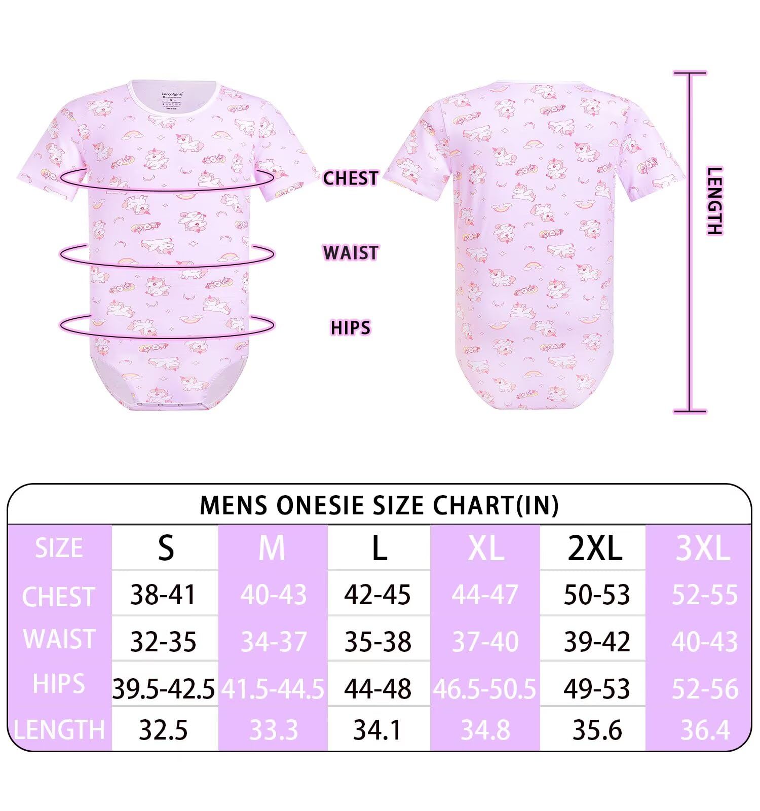 Landofgenie Body Męska Jednoczęściowa Piżama Unicorn Full Print z Zatrzaskami w Kroku – Odzież Relaksacyjna i Nocna