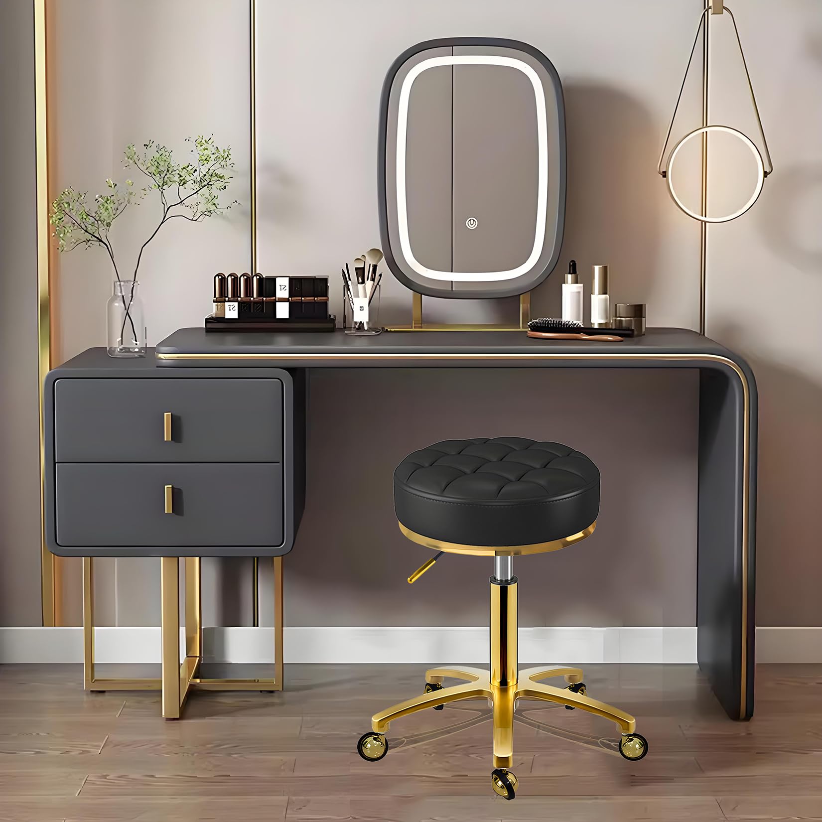 Rollhocker Gold Hocker mit Rollen, Rund Drehhocker Höhenverstellbar 43-55 cm, Komfort PU Leder Bürohocker Arbeitshocker Belastbar Bis 150kg, Schminkhocker für Massage Salon Spa (Schwarz)