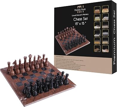 Handmade Staunton Marina and White Marble Chess Board Game Set - Best Board Games for Home Decor Gifts - Suitable for Table Decor 12" 15" Inch 15 x 15, Marina and Black
