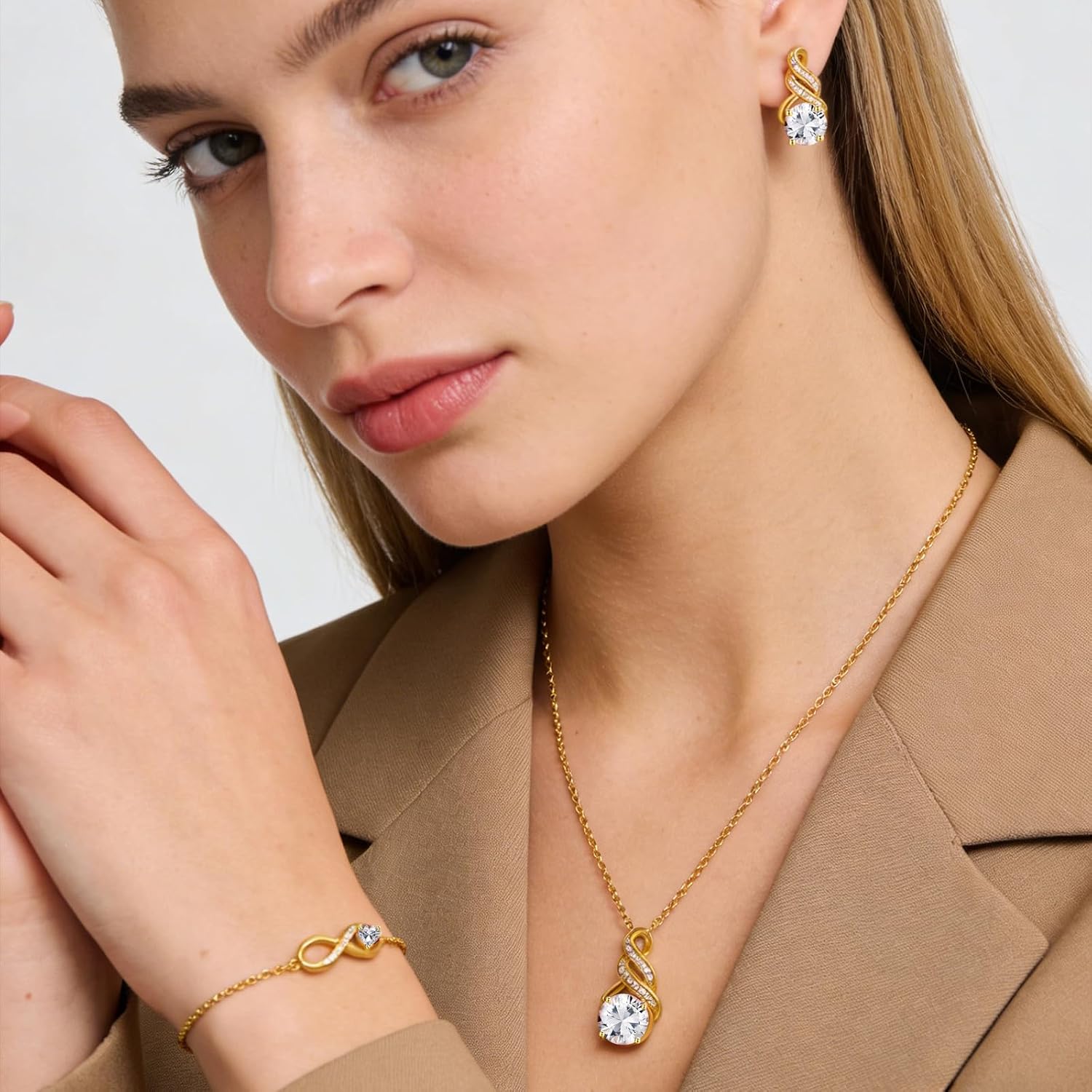 Jewelry Sets for Women-18K Gold Plated Dainty Birthstone Pendant,Trendy Necklace Earrings Infinity Bracelets Set,Ideal Jewelry Gifts