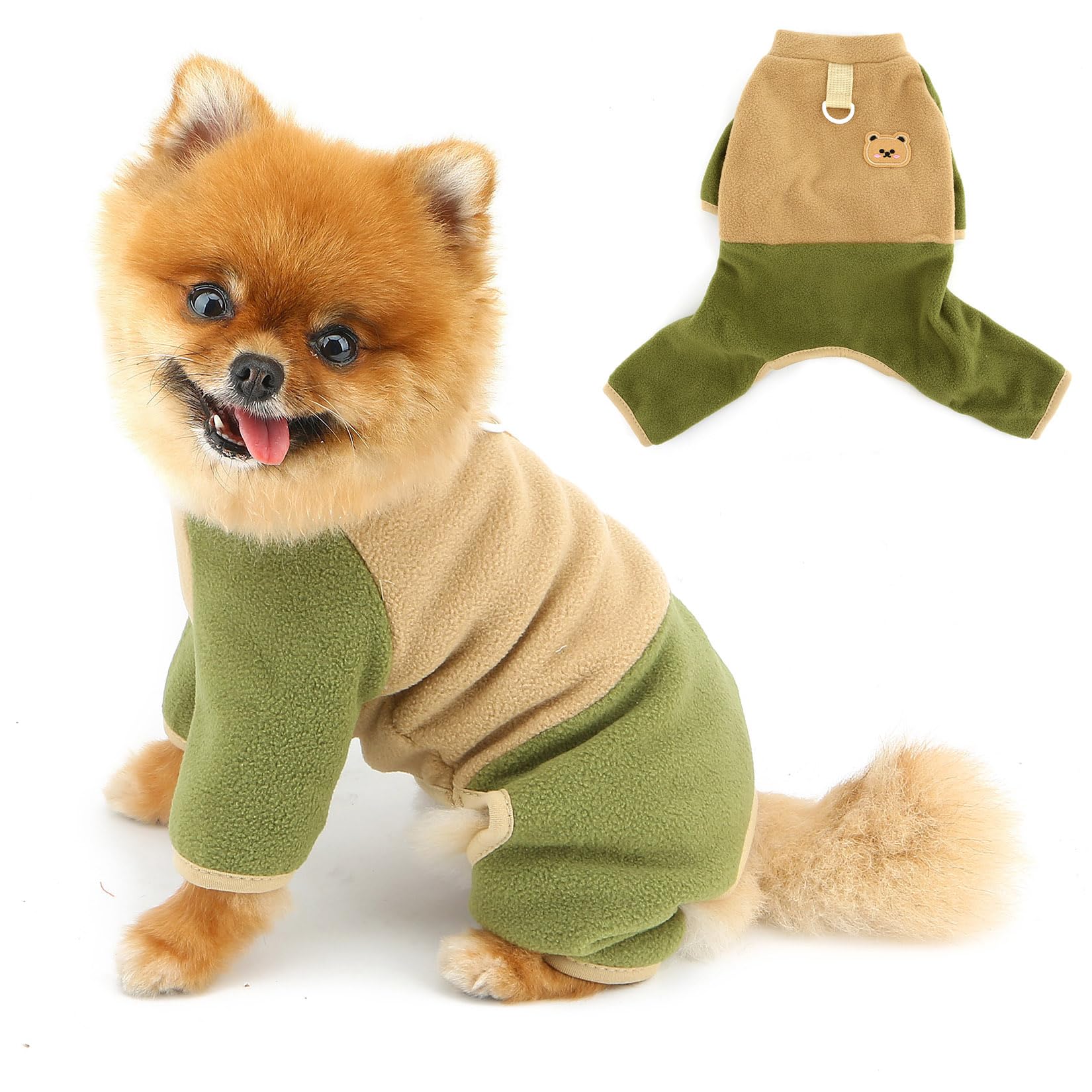 PAIDEFUL Colourblock Fuzzy Fleece Dog Pyjamas for Small Dogs, Soft Warm Pullover Puppy Jumpsuit with Lead Ring, Cosy Winter Thermal Pet Outfit for Chihuahua Yorkie and Cats,Brown,XS