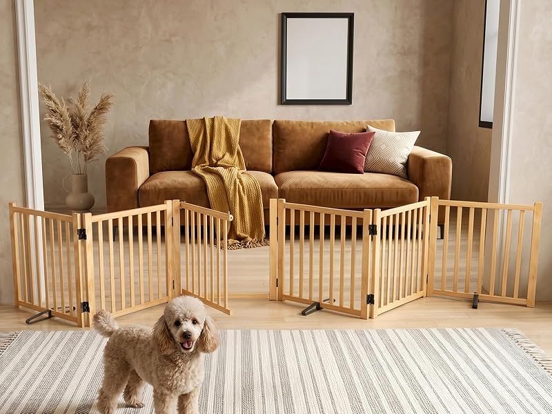 Portão para Cães de Madeira Dobrável com Portinhola, 6 Painéis, Oapety