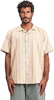 Dsisskai Mens Short Sleeve Shirt Elbow Sleeves Striped Buttoned Shirt - Peru & White