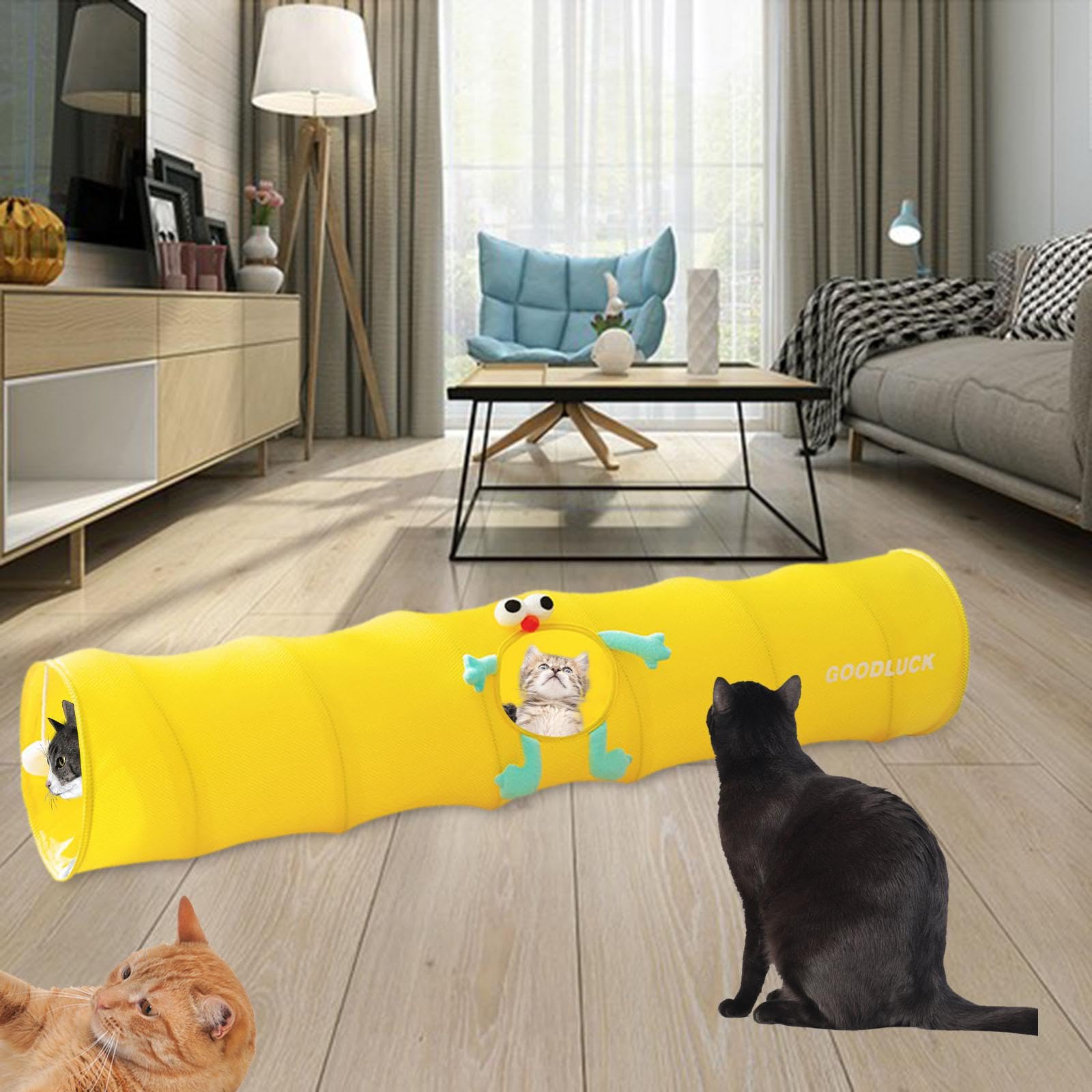 Tunnel pour Chat Tunnel de Jeu Animaux Jouet Chaton Interactif avec Boule Suspendue Conçu en Tissu Pliable Respirant Idéal pour Lapins Chiots Hamsters, Jaune S