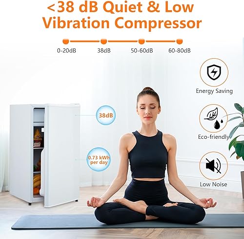 Miniatura 6 de Mini refrigerador de 3.2 pies cúbicos con congelador, interior espacioso, 2 estantes de vidrio deslizantes, cajón para verduras y funcionamiento