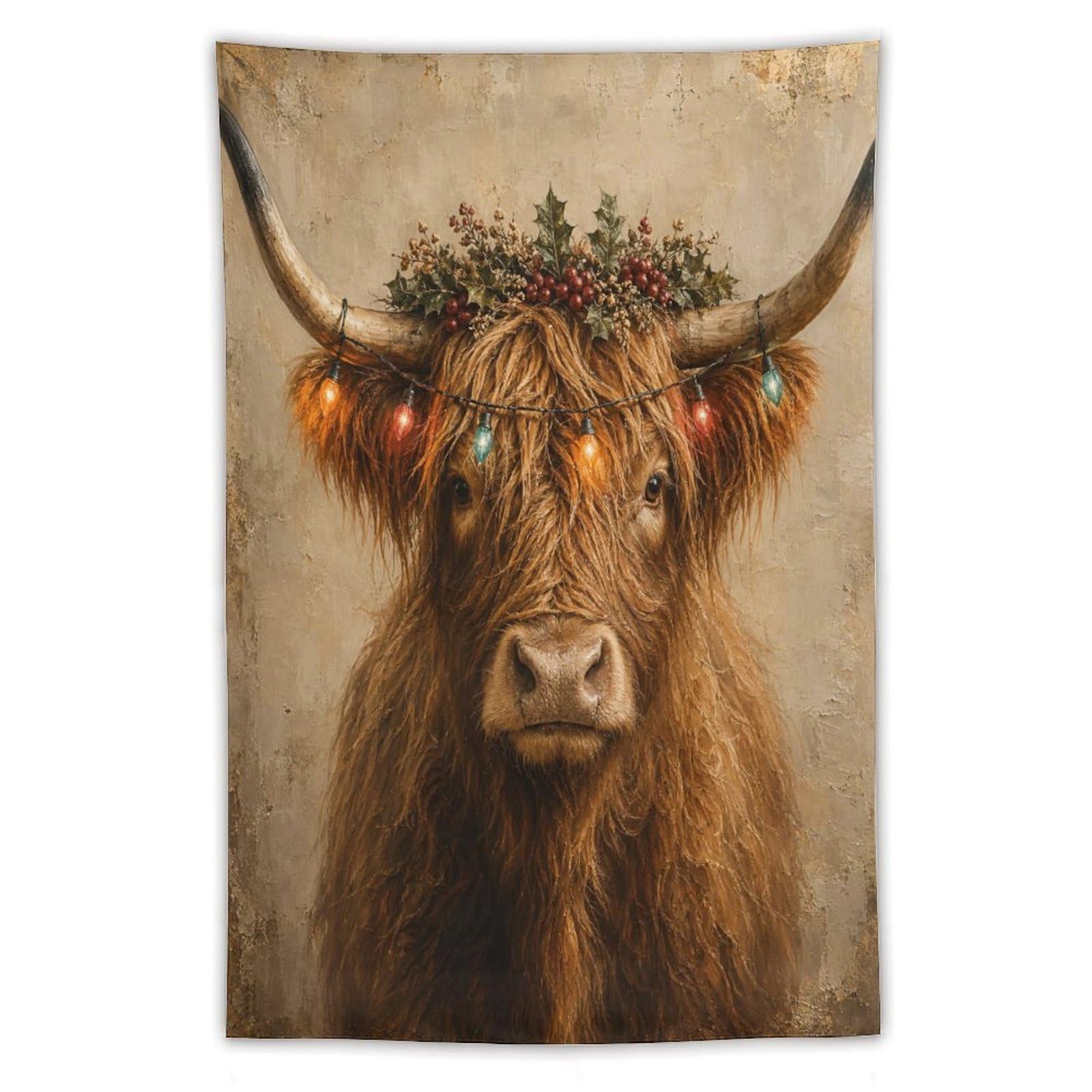 H3B8U2Y5 Highland Cow Floral Portrait Wall Tapestry, Warm Country Mood
