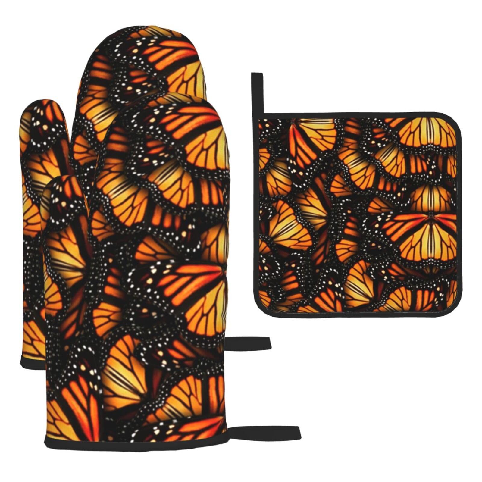 Heaps Of Orange Monarch Butterflies Print Oven Set Kitchen Gloves Baking Grilling Microwaving Cooking Gift Everyday Holiday