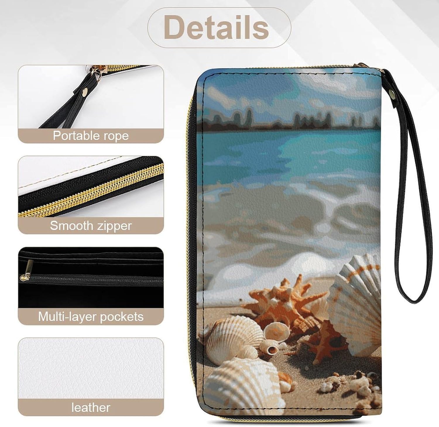 Classic Durable Seashells Starfish on Beach Printed Leather Card Holder with Rope, Suitable for Both Men And Women, Ideal Daily Storage Tool, Simplifies Your Life, Can Be Used As A Holiday Gift