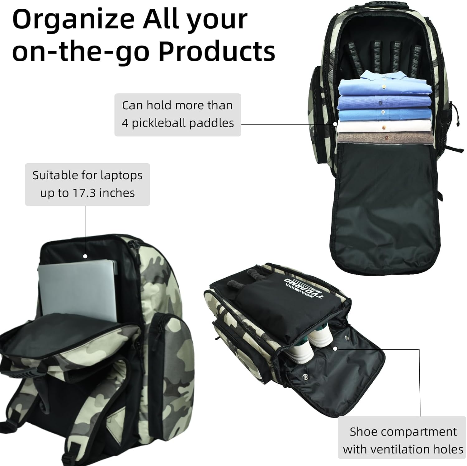 Pickleball Backpack, Large Sports Bag with Shoe Compartment, for Men and Women