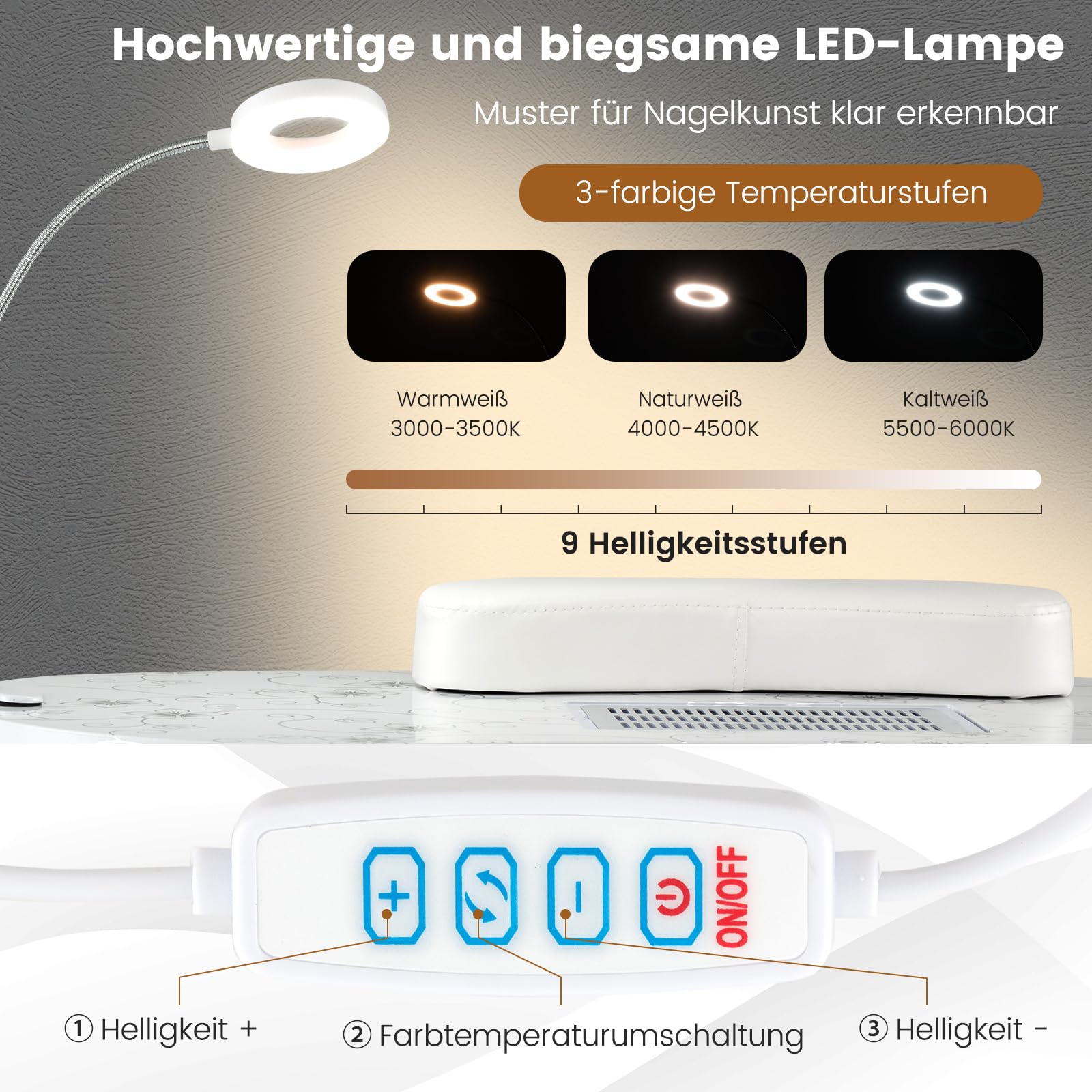 COSTWAY Maniküretisch klappbar, Nageltisch mit elektrischem Staubsammler, LED-Lampe, Handgelenkauflage, Tragetasche & Rollen, Maniküre Tisch Marmor Optik (Weiß)