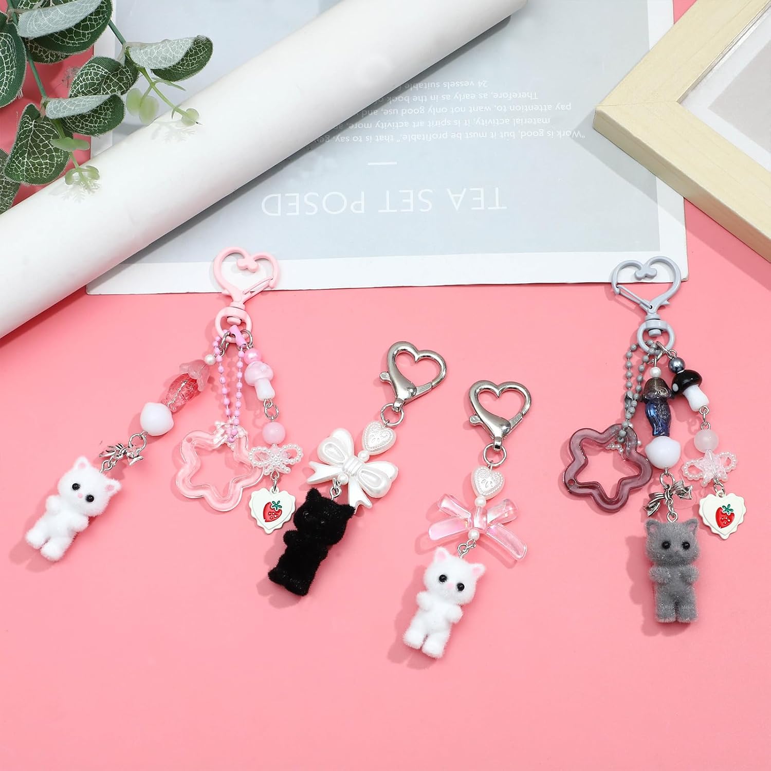 4 Pieces Cute Cat Keychain Fuzzy Kitty Keychains for Cat Lovers Y2K Heart Bow Pendent Stylish Keychain Accessories for Bag Key Charm - Image 3