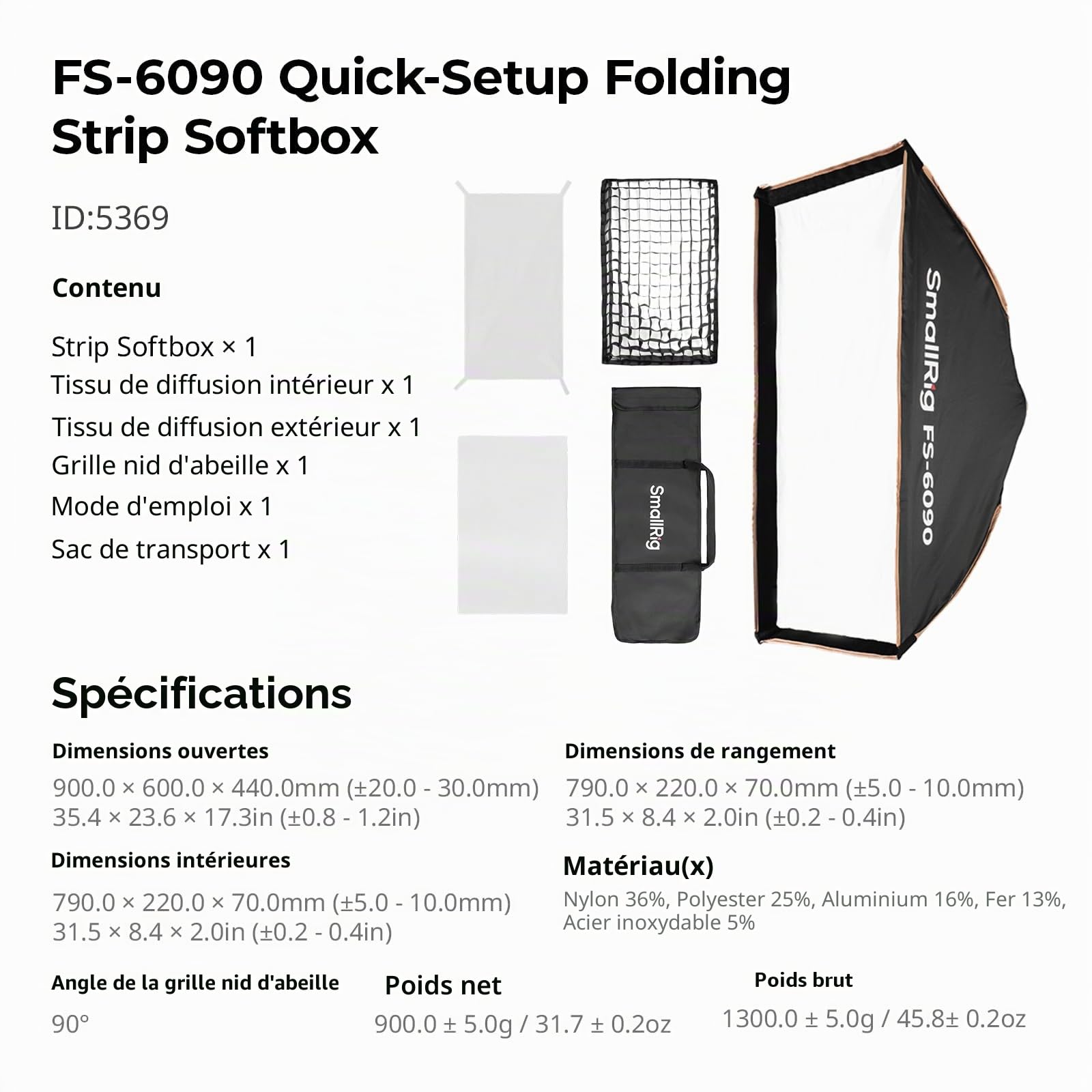 SMALLRIG 60x90cm FS-6090 Softbox Bowens à Dégagement Rapide avec Diffuseur/Grille Nid d'Abeille/Sac, Compatible avec SMALLRIG RC 220 Pro, pour COB à Monture Bowens, pour Godox pour Neewer -5369