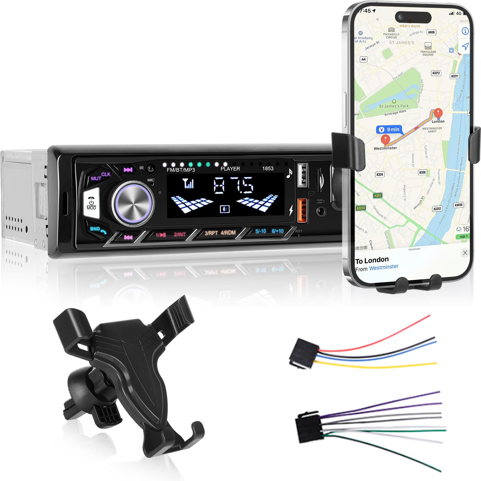 1 DIN Radio de Coche con Bluetooth - Bluetooth Radio de Coche con Soporte para Teléfono Móvil - Llamadas Manos Libres, Radio FM, Puerto USB/TF/AUX, Retroiluminación de Colores