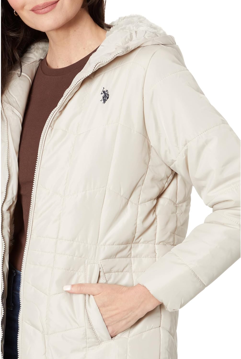 U.S. POLO ASSN. Mixed Quilting Hooded Puffer with Cozy Faux Fur Lining
