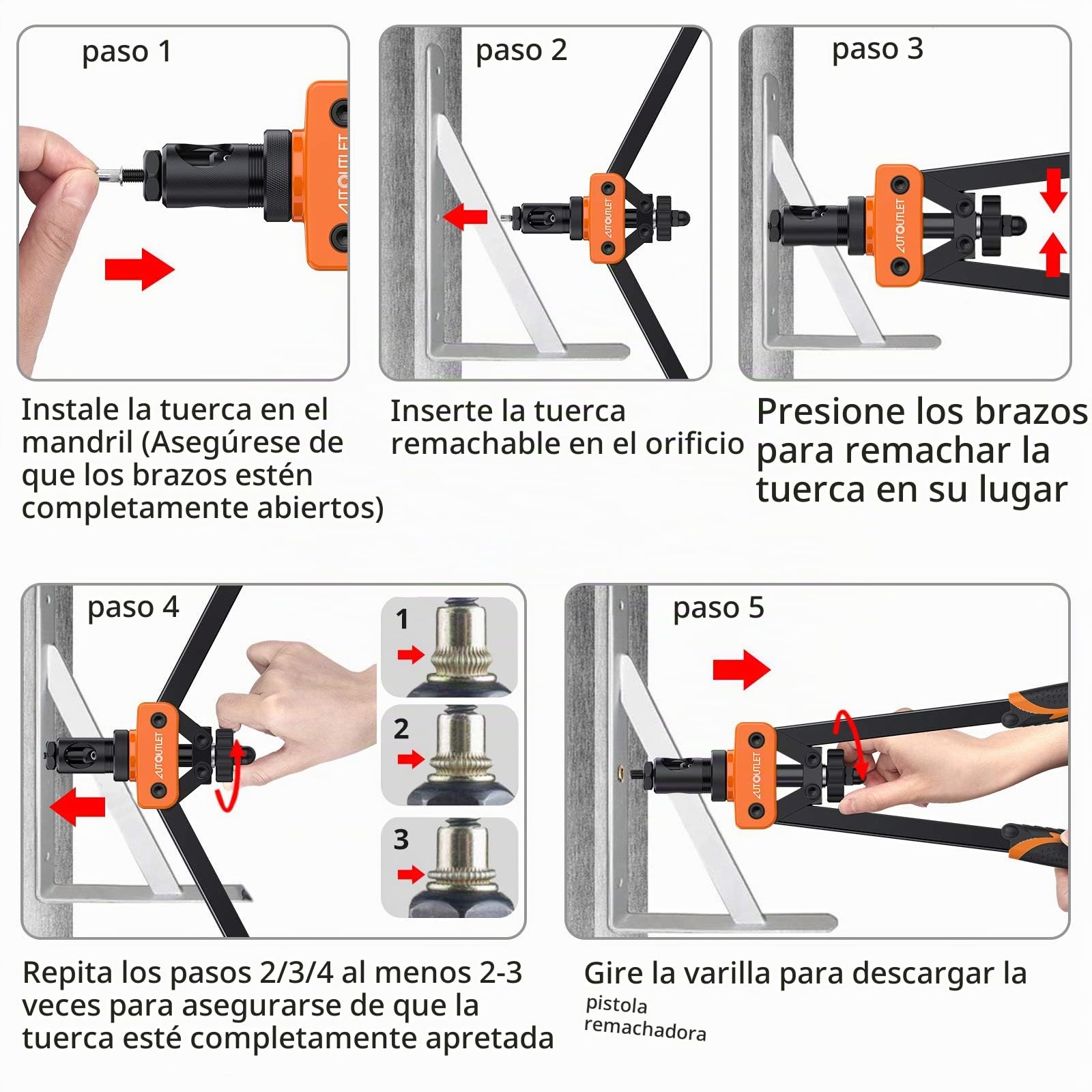 AUTOUTLET Remachadora de Tuercas, 14" Remachadora Profesional, con 150PCS Tuercas de Remache, 6 Mandriles Intercambiables M3 M4 M5 M6 M8 M10, Llave Incorporada, Herramientas de Remachado - Naranja