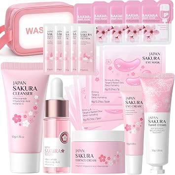 Luxury Sakura Skincare Set Gifts for Teenage Girl | Girls Pamper Set | Face Care Sets For Women | Complete Face Cleanser, Serum,Eye Cream,Face Cream,Hand Cream,Sleeping&Mud Mask- Japanese Skincare
