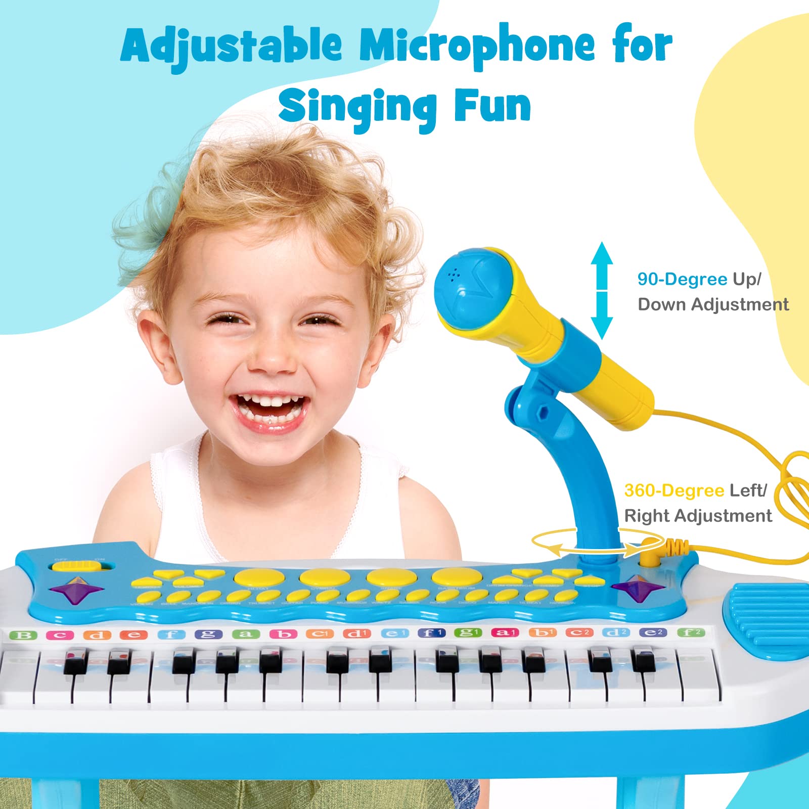 Kids Electronic Piano, 31 Keys Toddler Piano with Microphone, Stool & Lights, Musical Instruments Toy with Multiple Sounds, Christmas Birthday Gifts for Ages 3+ Boys / Girls, Blue