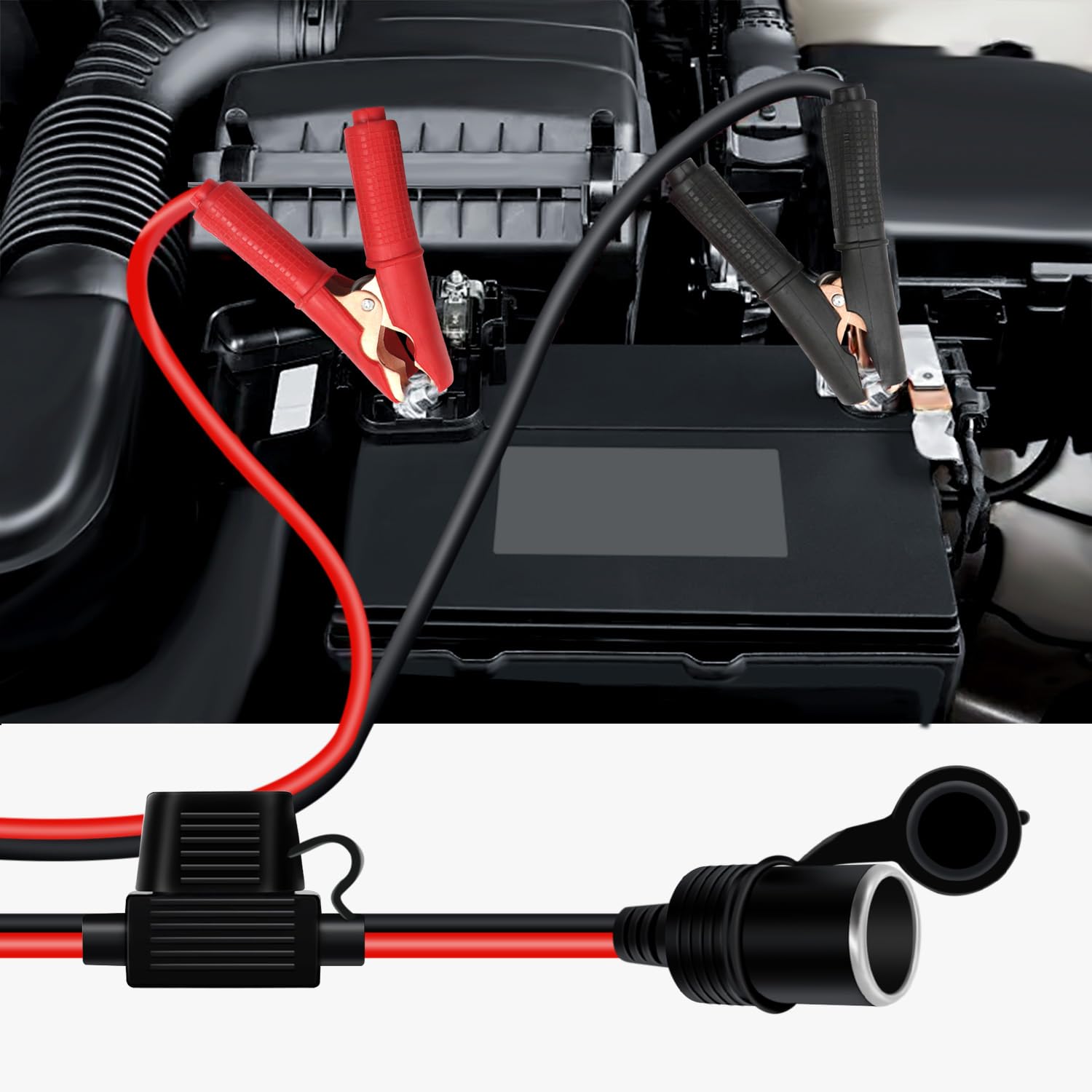 Adapter do Gniazda Zapalniczki Samochodow z Zaciskiem，14AWG 20A12/24V Adapter z Zapalniczki Samochodowej na Zacisk Krokodylowy z zabezpieczeniem do Samochodu, łodzi i Motocykla (1 m)