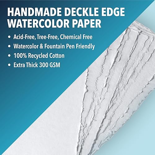 Miniatura 2 de Papel de acuarela grueso hecho a mano tamaño A5 con borde deckle - 10.54 ozm - Papel mixto texturizado blanco de alta calidad con algodón reciclado,
